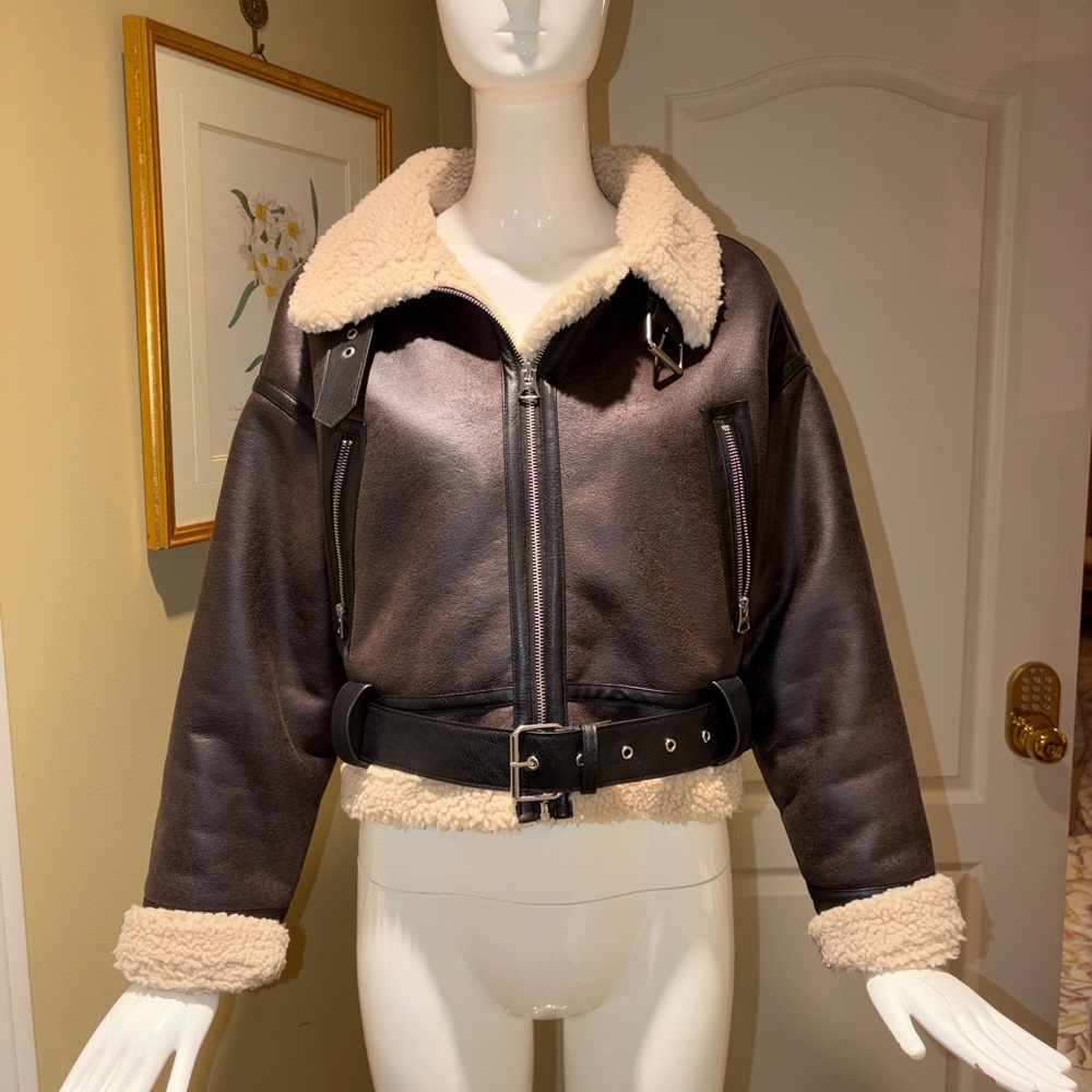 Zara Chocolate Leather Jacket with Shearling Collar